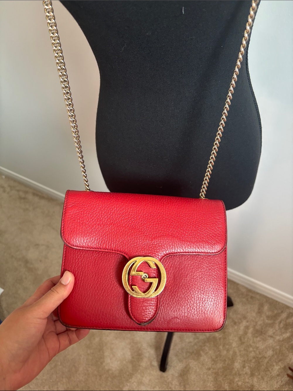 Gucci Red Leather Crossbody Bag with Gold Double-G